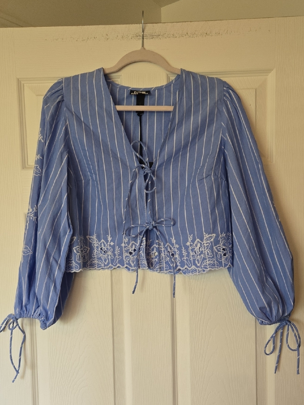 Future Collective Striped Blue Tie-Front Embroidered Top Small